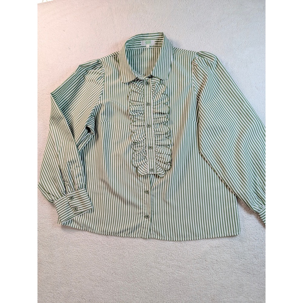 Jade Melody Tam Green White Striped Ruffle Bib Button Down Blouse Large
